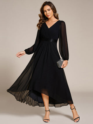 Classical Lantern Sleeve Pleated Decoration Chiffon Evening Dress with Asymmetrical Hem (New SKU EE09897)