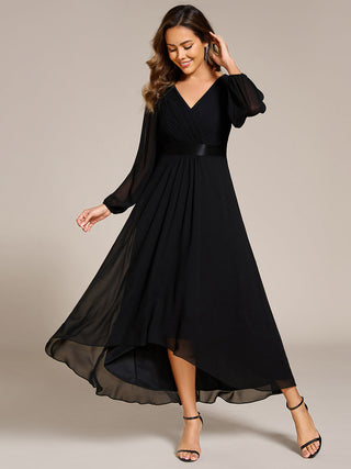 Classical Lantern Sleeve Pleated Decoration Chiffon Evening Dress with Asymmetrical Hem (New SKU EE09897)