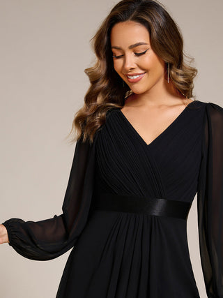 Classical Lantern Sleeve Pleated Decoration Chiffon Evening Dress with Asymmetrical Hem (New SKU EE09897)