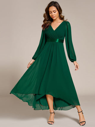 Classical Lantern Sleeve Pleated Decoration Chiffon Evening Dress with Asymmetrical Hem (New SKU EE09897)