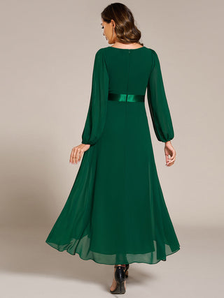 Classical Lantern Sleeve Pleated Decoration Chiffon Evening Dress with Asymmetrical Hem (New SKU EE09897)