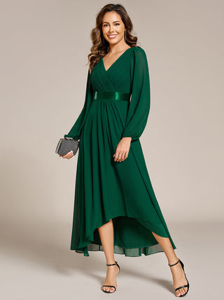Classical Lantern Sleeve Pleated Decoration Chiffon Evening Dress with Asymmetrical Hem (New SKU EE09897)