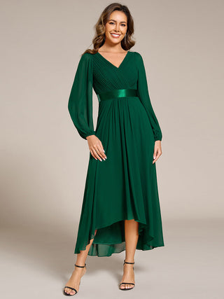 Classical Lantern Sleeve Pleated Decoration Chiffon Evening Dress with Asymmetrical Hem (New SKU EE09897)
