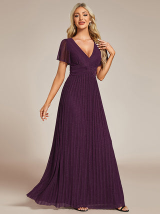 Short Sleeve Ruffle V-Neck High Stretch A-Line Floor Length Evening Dresses