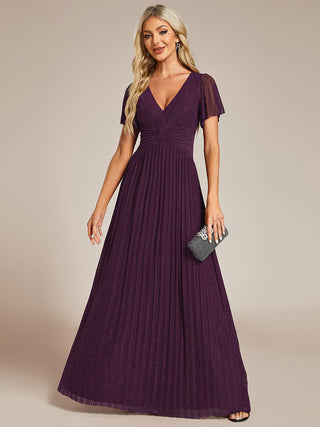 Short Sleeve Ruffle V-Neck High Stretch A-Line Floor Length Evening Dresses