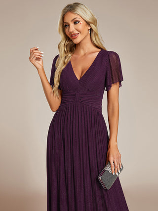 Short Sleeve Ruffle V-Neck High Stretch A-Line Floor Length Evening Dresses
