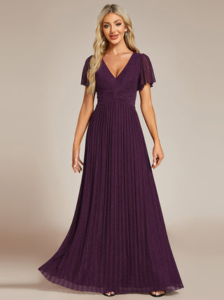 Short Sleeve Ruffle V-Neck High Stretch A-Line Floor Length Evening Dresses