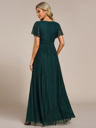 Short Sleeve Ruffle V-Neck High Stretch A-Line Floor Length Evening Dresses