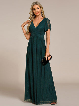 Short Sleeve Ruffle V-Neck High Stretch A-Line Floor Length Evening Dresses
