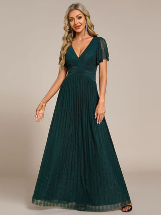 Short Sleeve Ruffle V-Neck High Stretch A-Line Floor Length Evening Dresses