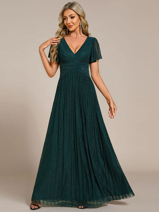 Short Sleeve Ruffle V-Neck High Stretch A-Line Floor Length Evening Dresses