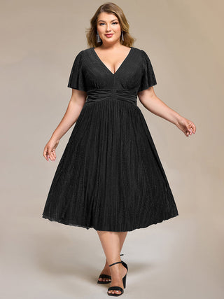 Short Sleeve Ruffle V-Neck A-Line Midi Length Formal Dresses