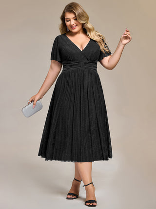 Short Sleeve Ruffle V-Neck A-Line Midi Length Formal Dresses
