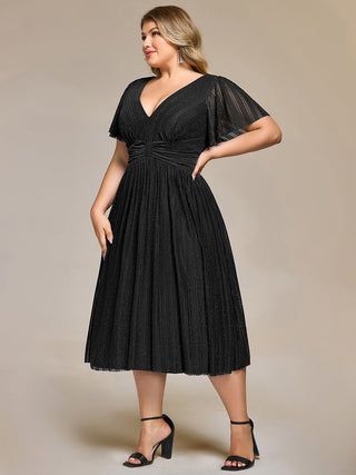 Short Sleeve Ruffle V-Neck A-Line Midi Length Formal Dresses