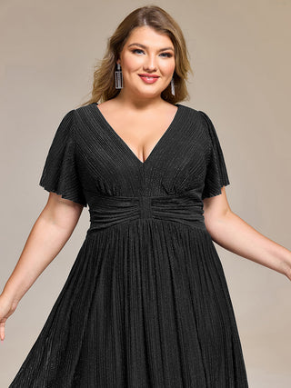 Short Sleeve Ruffle V-Neck A-Line Midi Length Formal Dresses