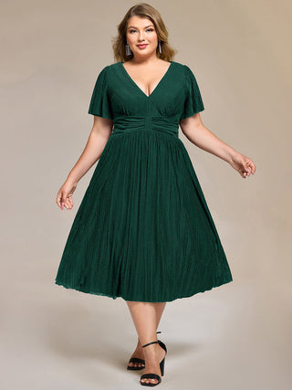 Short Sleeve Ruffle V-Neck A-Line Midi Length Formal Dresses