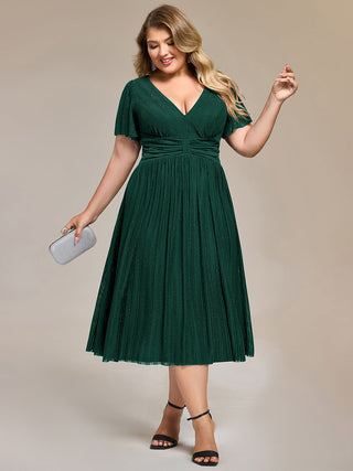 Short Sleeve Ruffle V-Neck A-Line Midi Length Formal Dresses