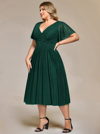 Short Sleeve Ruffle V-Neck A-Line Midi Length Formal Dresses