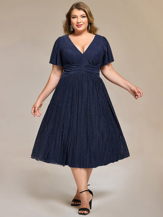 Short Sleeve Ruffle V-Neck A-Line Midi Length Formal Dresses