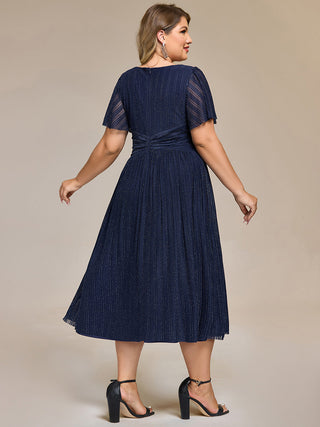 Short Sleeve Ruffle V-Neck A-Line Midi Length Formal Dresses