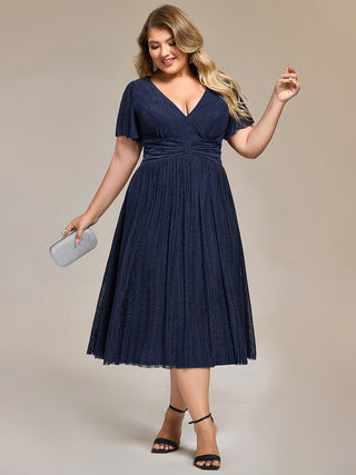 Short Sleeve Ruffle V-Neck A-Line Midi Length Formal Dresses
