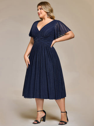 Short Sleeve Ruffle V-Neck A-Line Midi Length Formal Dresses