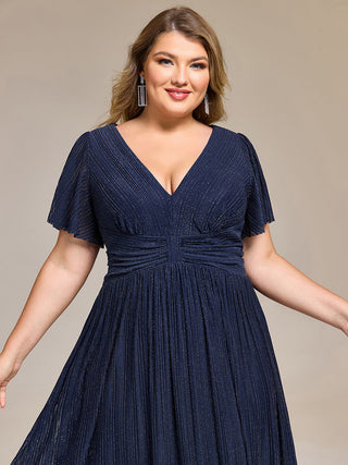 Short Sleeve Ruffle V-Neck A-Line Midi Length Formal Dresses