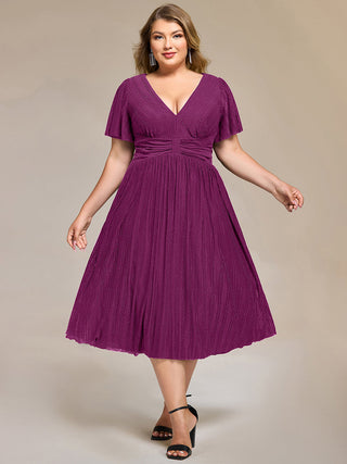 Short Sleeve Ruffle V-Neck A-Line Midi Length Formal Dresses