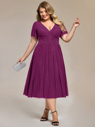 Short Sleeve Ruffle V-Neck A-Line Midi Length Formal Dresses