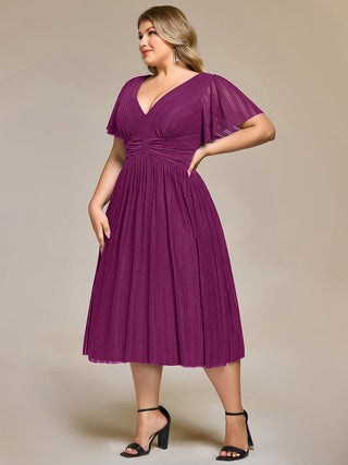 Short Sleeve Ruffle V-Neck A-Line Midi Length Formal Dresses