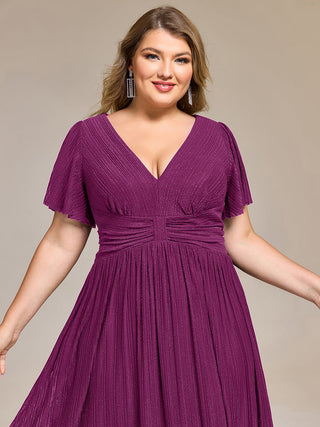 Short Sleeve Ruffle V-Neck A-Line Midi Length Formal Dresses
