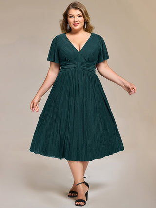 Short Sleeve Ruffle V-Neck A-Line Midi Length Formal Dresses
