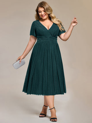 Short Sleeve Ruffle V-Neck A-Line Midi Length Formal Dresses