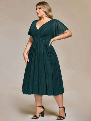 Short Sleeve Ruffle V-Neck A-Line Midi Length Formal Dresses
