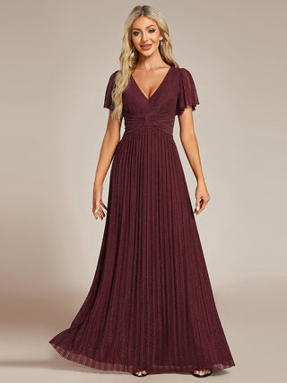 Short Sleeve Ruffle V-Neck High Stretch A-Line Floor Length Evening Dresses