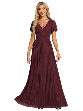 Short Sleeve Ruffle V-Neck High Stretch A-Line Floor Length Evening Dresses
