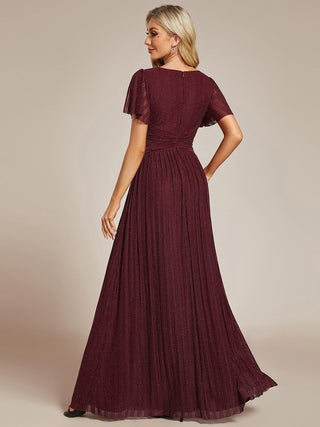 Short Sleeve Ruffle V-Neck High Stretch A-Line Floor Length Evening Dresses