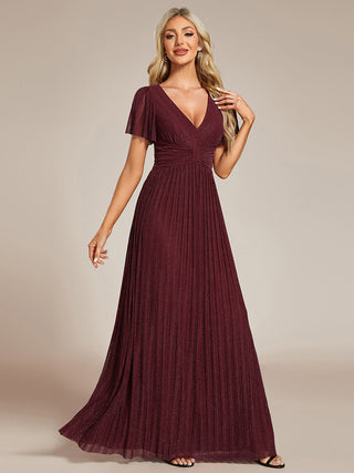 Short Sleeve Ruffle V-Neck High Stretch A-Line Floor Length Evening Dresses