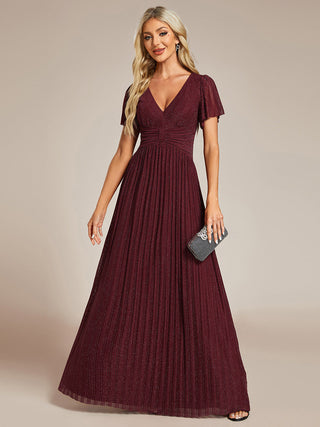 Short Sleeve Ruffle V-Neck High Stretch A-Line Floor Length Evening Dresses