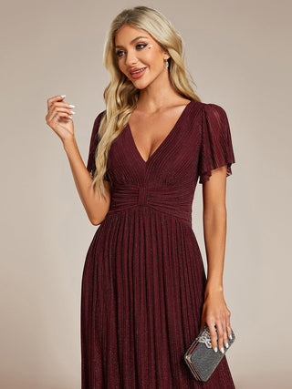 Short Sleeve Ruffle V-Neck High Stretch A-Line Floor Length Evening Dresses