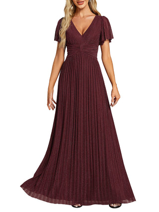 Short Sleeve Ruffle V-Neck High Stretch A-Line Floor Length Evening Dresses
