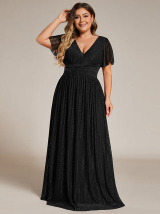 Short Sleeve Ruffle V-Neck High Stretch A-Line Floor Length Evening Dresses