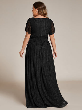 Short Sleeve Ruffle V-Neck High Stretch A-Line Floor Length Evening Dresses