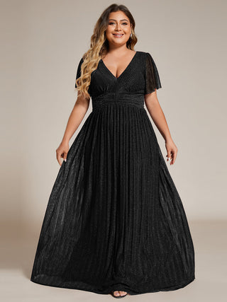 Short Sleeve Ruffle V-Neck High Stretch A-Line Floor Length Evening Dresses