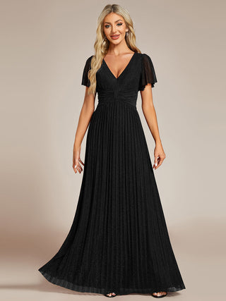 Short Sleeve Ruffle V-Neck High Stretch A-Line Floor Length Evening Dresses