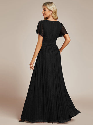 Short Sleeve Ruffle V-Neck High Stretch A-Line Floor Length Evening Dresses