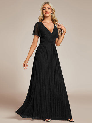 Short Sleeve Ruffle V-Neck High Stretch A-Line Floor Length Evening Dresses