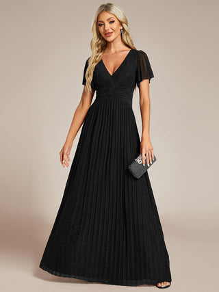 Short Sleeve Ruffle V-Neck High Stretch A-Line Floor Length Evening Dresses