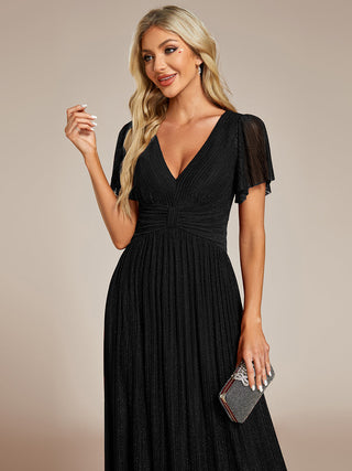Short Sleeve Ruffle V-Neck High Stretch A-Line Floor Length Evening Dresses