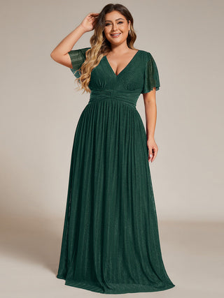 Short Sleeve Ruffle V-Neck High Stretch A-Line Floor Length Evening Dresses